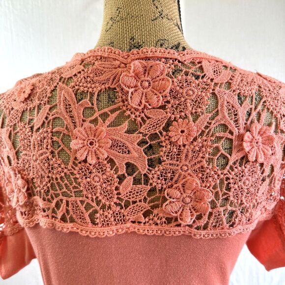 Leo Guy Women's Peach Lace Top Short Sleeve Stretch Soft T-shirt Top Sz 1/6-8 US - Picture 5 of 12